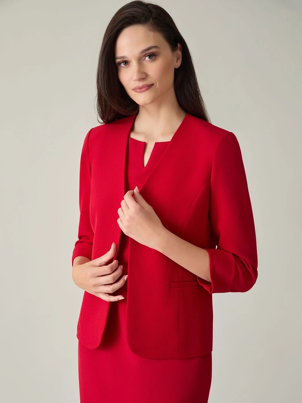 Kasper Red Open-Front Three-Quarter Sleeve Blazer